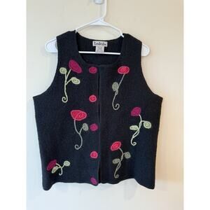Timber Lea Felted Black Wool Vest Floral Size Large Cottagecore Bohemian Grandma